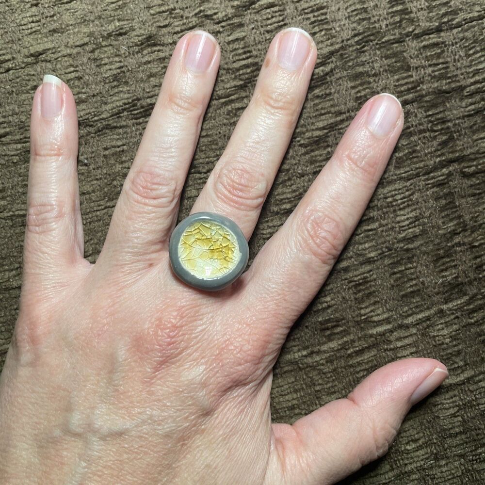 Yellow Gray Round Chunky Handmade Artisan Ceramic Glass Ring Adjustable One Size